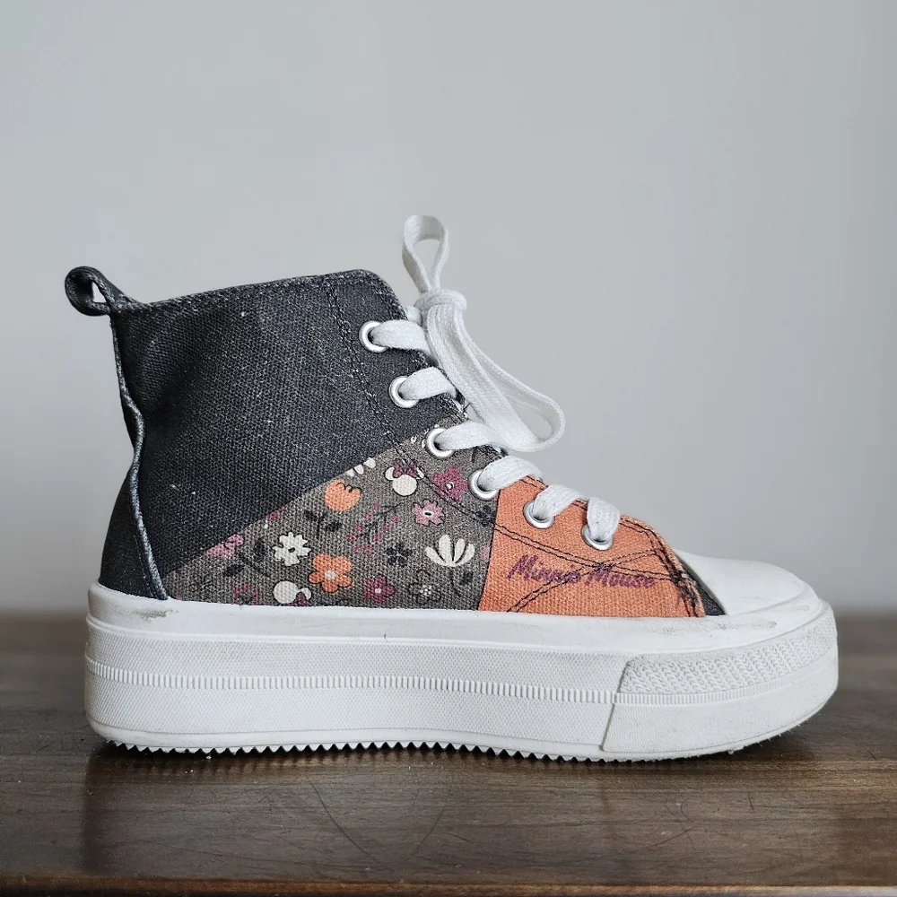 🎀 Disney Minnie Mouse Floral High-Top Sneakers | Kids Size 2 | Canvas Patchwork